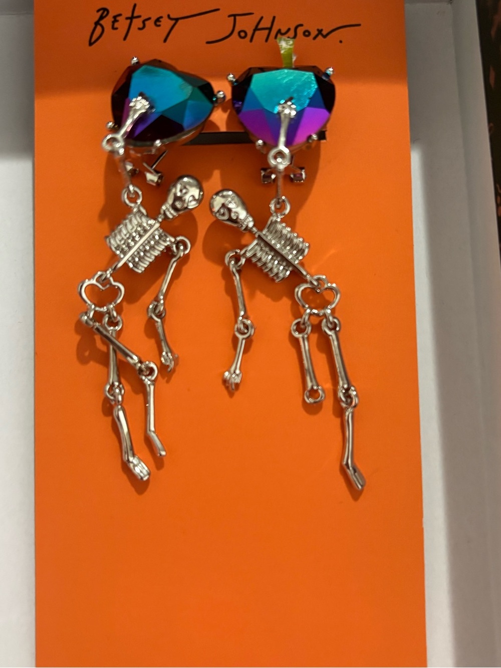 NWT Betsey Johnson Halloween Iridescent Crystal Heart Skeleton Dangle Earrings